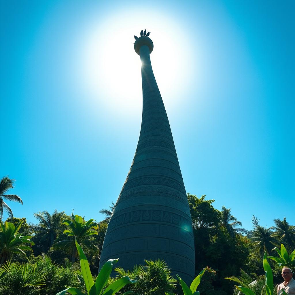 A monumental statue of a phallus, towering over a lush jungle setting, casting a dramatic shadow under the brilliant midday sun