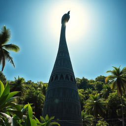 A monumental statue of a phallus, towering over a lush jungle setting, casting a dramatic shadow under the brilliant midday sun