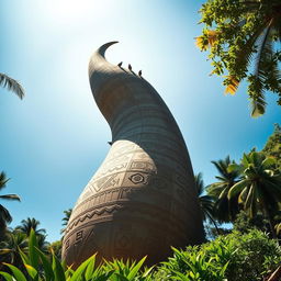 A monumental statue of a phallus, towering over a lush jungle setting, casting a dramatic shadow under the brilliant midday sun