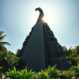 A monumental statue of a phallus, towering over a lush jungle setting, casting a dramatic shadow under the brilliant midday sun