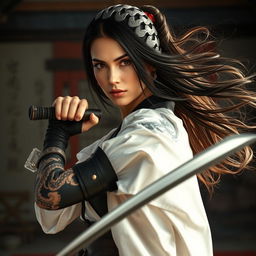 A portrait of a woman inspired by martial artist themes, set in a dynamic action pose