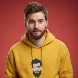 A stylized, cartoon-like image of a 20-year-old young man with a beard and short hair, wearing a yellow hoodie with 'El Trivi' printed on it, on a red background, in the style of Disney/Pixar animation.