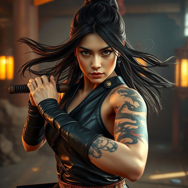 A portrait of a woman inspired by martial artist themes, set in a dynamic action pose