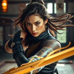 A portrait of a woman inspired by martial artist themes, set in a dynamic action pose