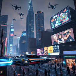 A futuristic cityscape at night, featuring towering skyscrapers with glowing neon advertisements