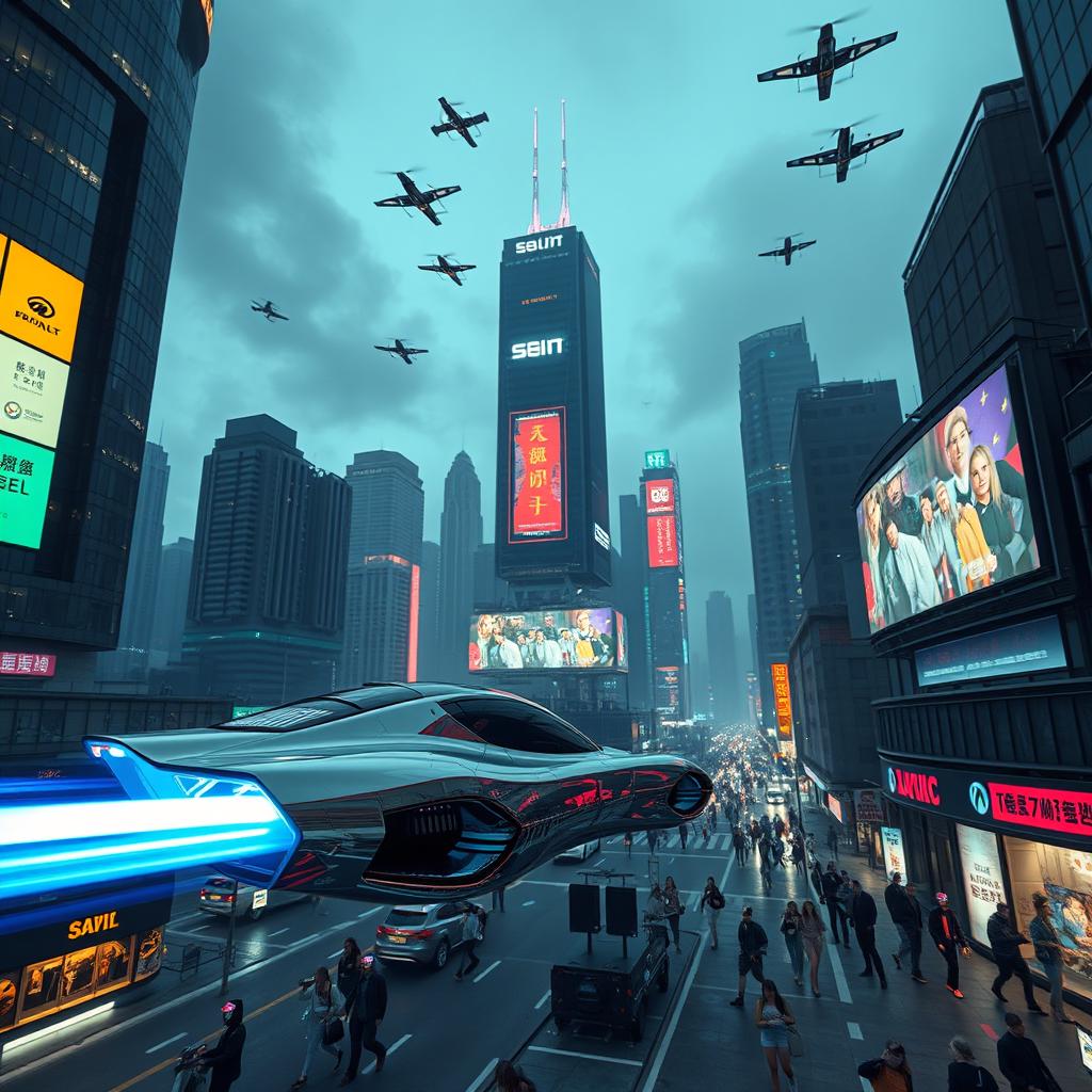 A futuristic cityscape at night, featuring towering skyscrapers with glowing neon advertisements