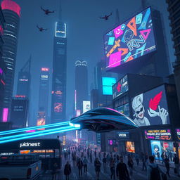 A futuristic cityscape at night, featuring towering skyscrapers with glowing neon advertisements