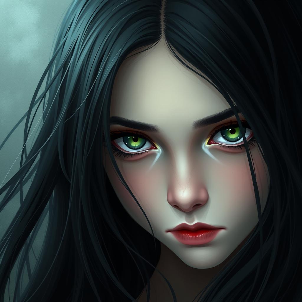 Create an image of a girl with striking black hair and captivating greenish eyes