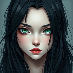 Create an image of a girl with striking black hair and captivating greenish eyes