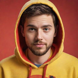 A stylized, cartoon-like image of a 20-year-old young man with a beard and short hair, wearing a yellow hoodie with 'El Trivi' printed on it, on a red background, in the style of Disney/Pixar animation.