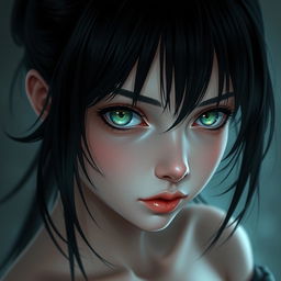 Create an image of a girl with striking black hair and captivating greenish eyes