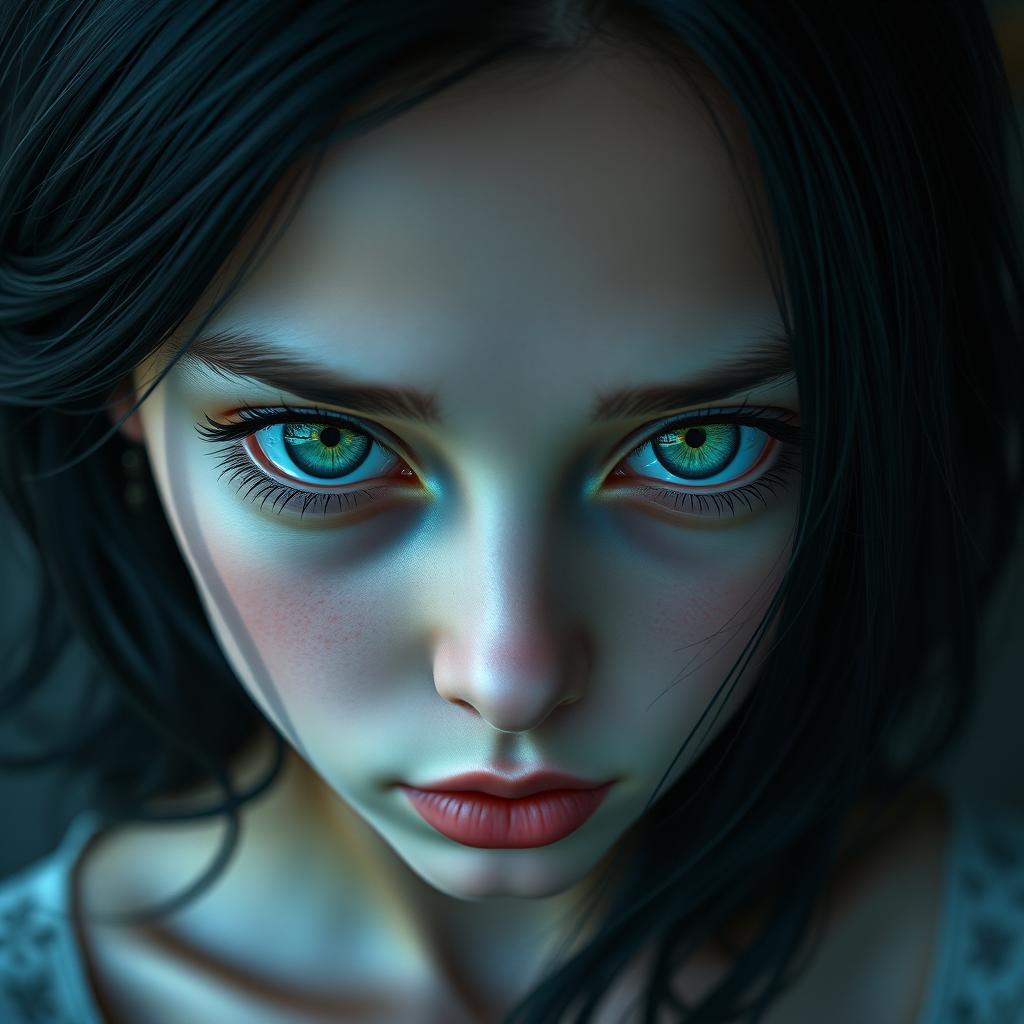 Create an image of a girl with striking black hair and captivating greenish eyes