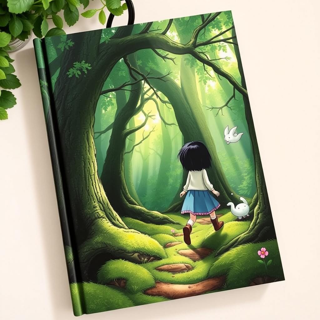 On the cover of a fairy tale book, a girl named Lily with short dark hair is depicted venturing deeper into a dense, mysterious forest