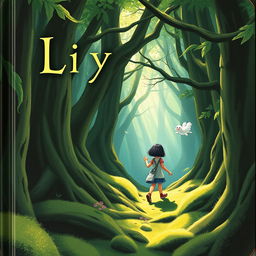 On the cover of a fairy tale book, a girl named Lily with short dark hair is depicted venturing deeper into a dense, mysterious forest