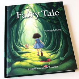 On the cover of a fairy tale book, a girl named Lily with short dark hair is depicted venturing deeper into a dense, mysterious forest