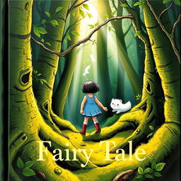 On the cover of a fairy tale book, a girl named Lily with short dark hair is depicted venturing deeper into a dense, mysterious forest