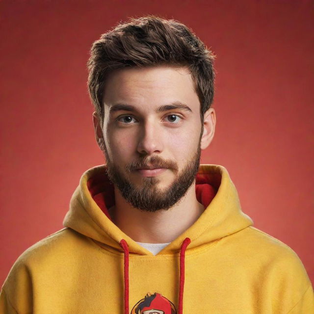 A stylized, cartoon-like image of a 20-year-old young man with a beard and short hair, wearing a yellow hoodie with 'El Trivi' printed on it, on a red background, in the style of Disney/Pixar animation.