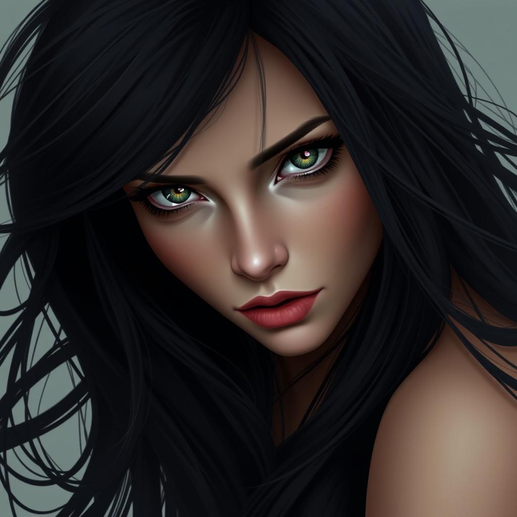 Create an image of a woman with long, flowing black hair and captivating green-grey eyes