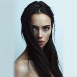 Create an image of a woman with long, flowing black hair and captivating green-grey eyes