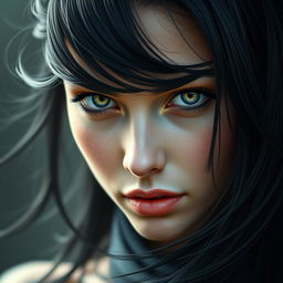 Create an image of a woman with long, flowing black hair and captivating green-grey eyes