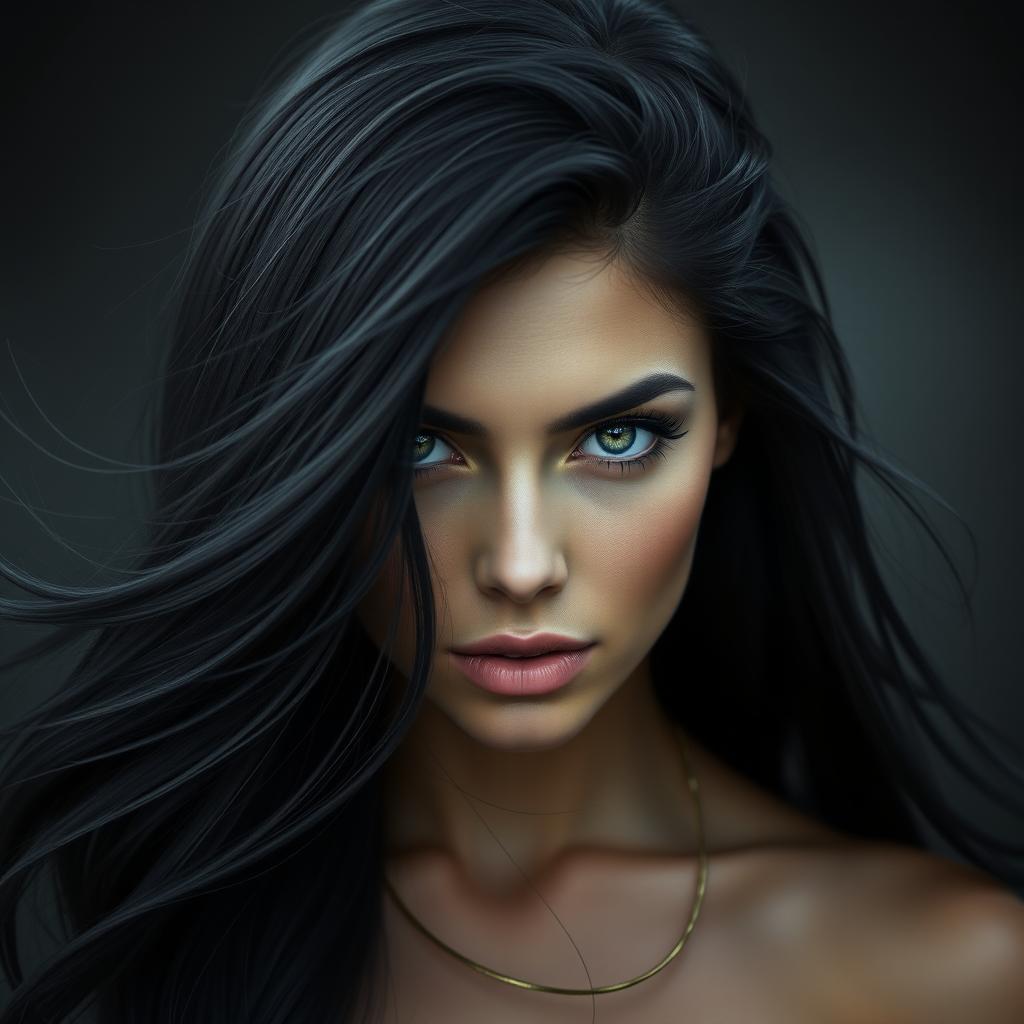 Create an image of a woman with long, flowing black hair and captivating green-grey eyes