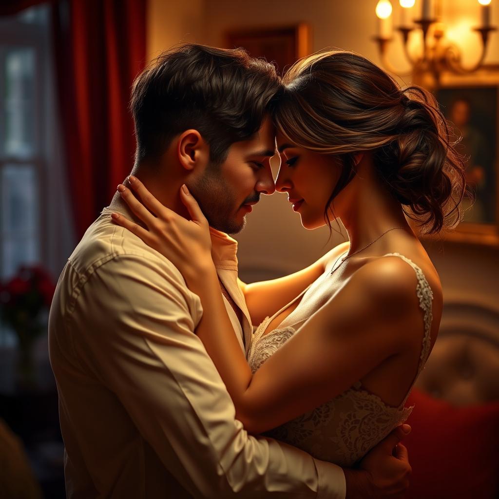 A tasteful and artistic depiction of a couple in a sensual embrace, focusing on the romantic and intimate connection between them, set in a softly lit room with a warm and inviting atmosphere