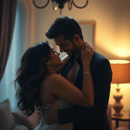 A tasteful and artistic depiction of a couple in a sensual embrace, focusing on the romantic and intimate connection between them, set in a softly lit room with a warm and inviting atmosphere