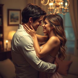 A tasteful and artistic depiction of a couple in a sensual embrace, focusing on the romantic and intimate connection between them, set in a softly lit room with a warm and inviting atmosphere