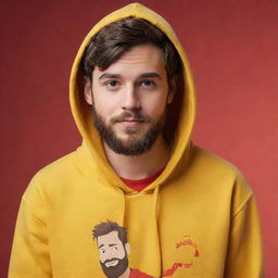 A stylized, cartoon-like image of a 20-year-old young man with a beard and short hair, wearing a yellow hoodie with 'El Trivi' printed on it, on a red background, in the style of Disney/Pixar animation.