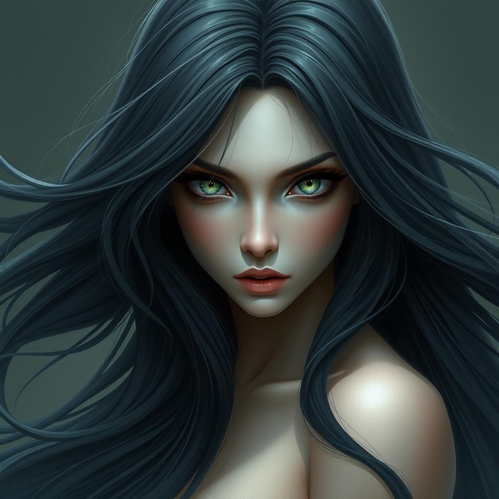 Create an image of a woman with long, flowing black hair and captivating green-grey eyes designed in a fantasy style