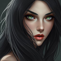 Create an image of a woman with long, flowing black hair and captivating green-grey eyes designed in a fantasy style