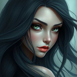 Create an image of a woman with long, flowing black hair and captivating green-grey eyes designed in a fantasy style