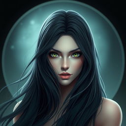 Create an image of a woman with long, flowing black hair and captivating green-grey eyes designed in a fantasy style