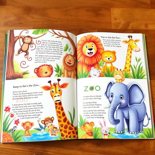 A beautifully illustrated children's book featuring a variety of animals from the zoo, each page dedicated to a different animal, showcasing their unique characteristics and habitats