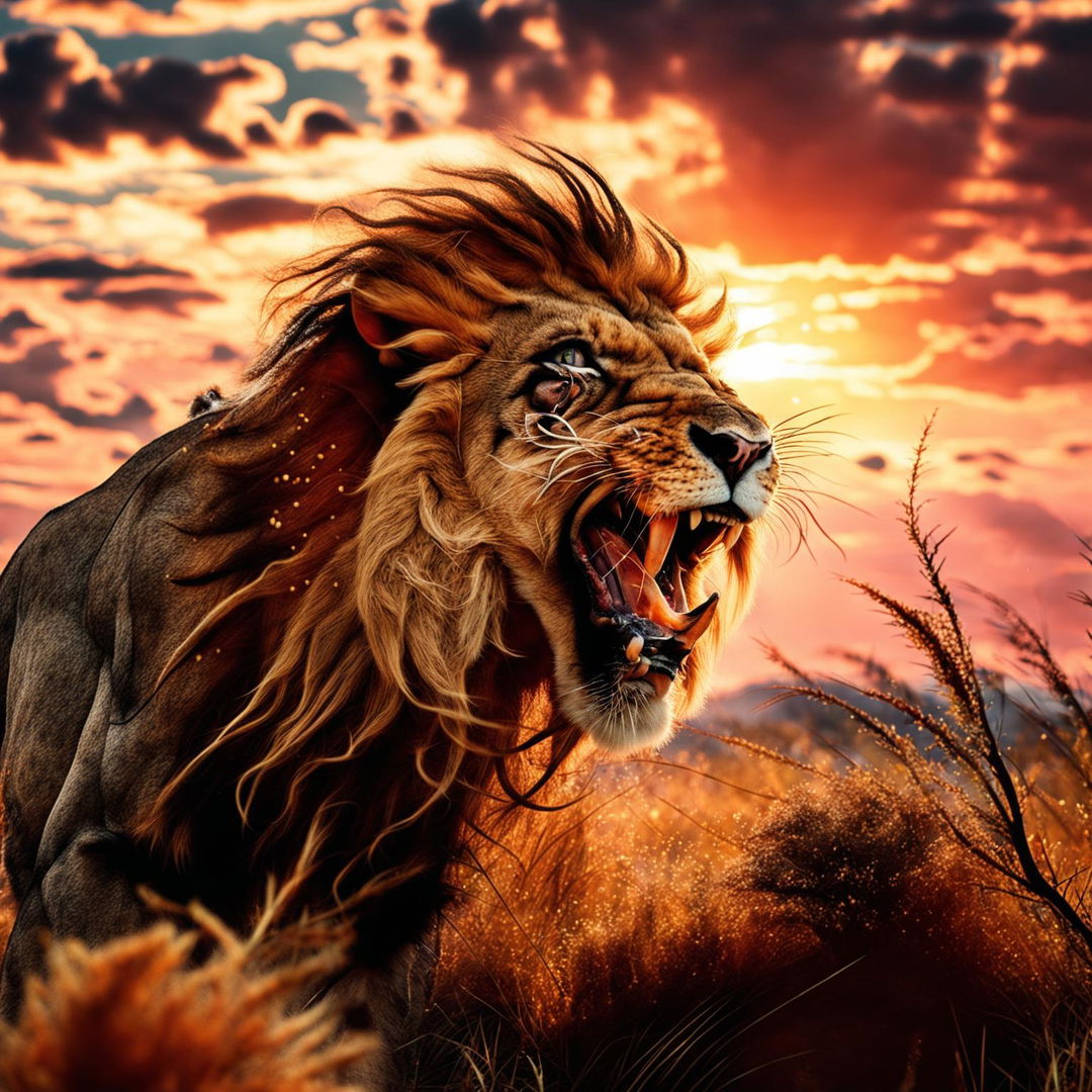 A roaring lion in the midst of a savannah, with a fiery sunset in the background.