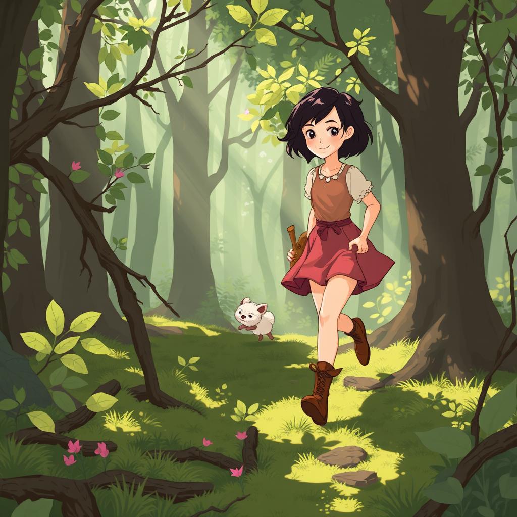 Step by step, Lily, a fairy tale heroine with short dark hair, ventures deeper into the forest