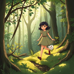 Step by step, Lily, a fairy tale heroine with short dark hair, ventures deeper into the forest