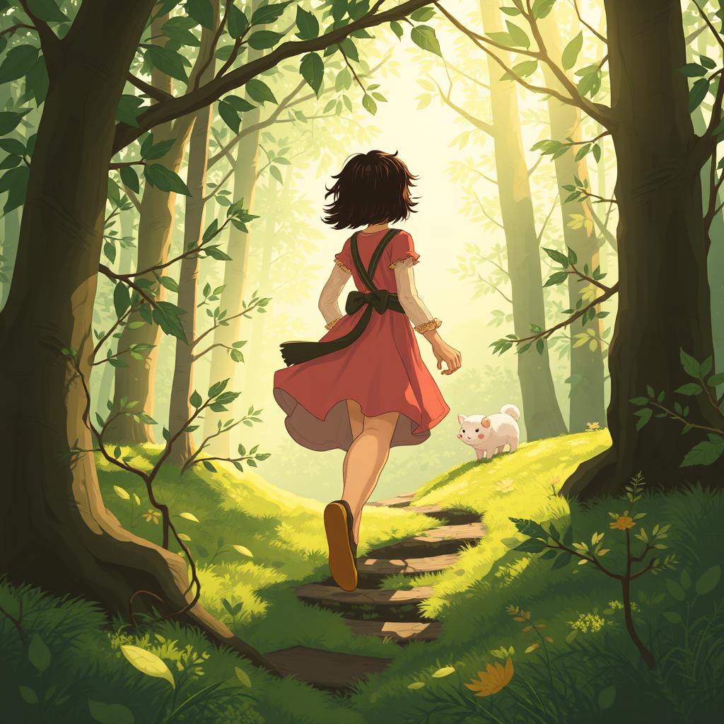 Step by step, Lily, a fairy tale heroine with short dark hair, ventures deeper into the forest