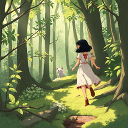 Step by step, Lily, a fairy tale heroine with short dark hair, ventures deeper into the forest