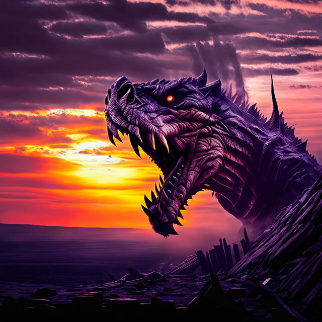 A roaring monster in the midst of a desolate landscape, with an eerie sunset in the background.