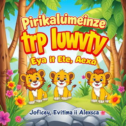 A children's book illustration featuring the title 'Приключение трёх львят Софии, Евы и Алекса' in a playful and colorful font