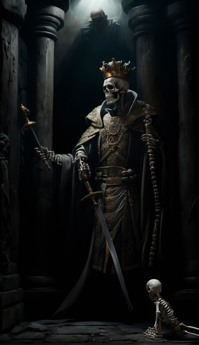 A regal king with a sword and crown stands in foggy darkness. A mouse scurries on the ground while a skeleton leans against the wall.