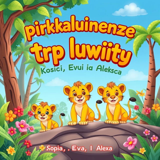 A children's book illustration featuring the title 'Приключение трёх львят Софии, Евы и Алекса' in a playful and colorful font