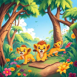 A children's book illustration showing the adventure of three lion cubs