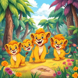 A children's book illustration showing the adventure of three lion cubs