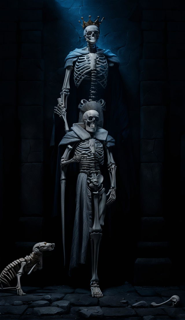 A regal king in royal attire with a gleaming sword stands in foggy darkness. A small mouse scurries on the stone floor while a skeleton leans against the wall. The scene is captured in an intense close-up shot with intricate photography.