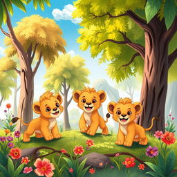 A children's book illustration showing the adventure of three lion cubs