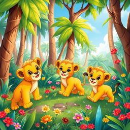 A children's book illustration showing the adventure of three lion cubs