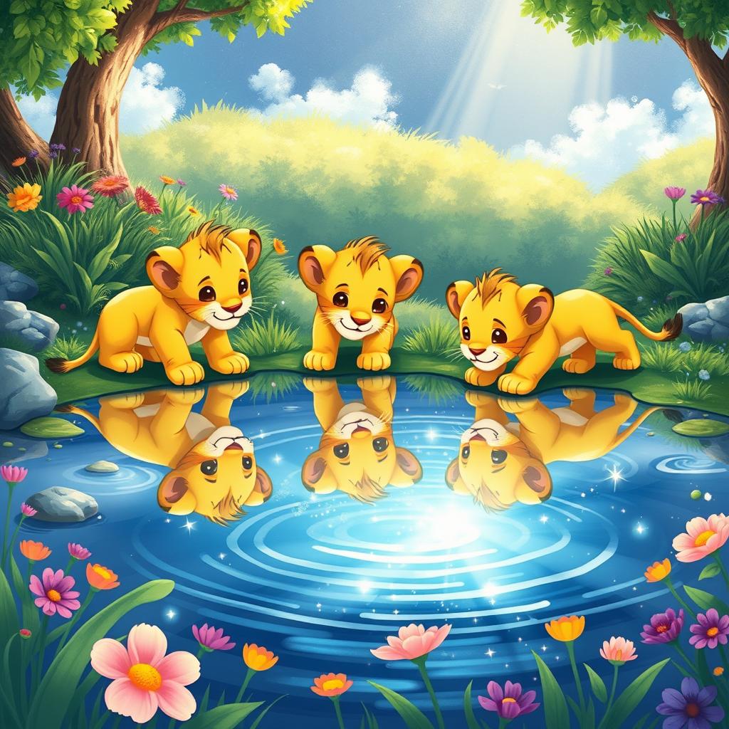 A children's book illustration featuring three lion cubs on an adventure, gazing at their reflections in a sparkling, serene lake