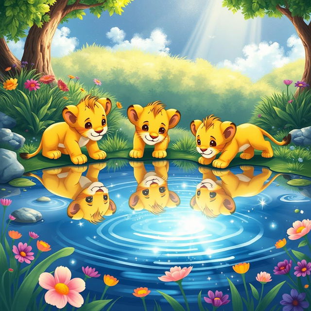 A children's book illustration featuring three lion cubs on an adventure, gazing at their reflections in a sparkling, serene lake